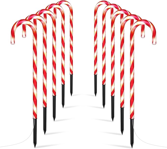 WeGuard 10PK Christmas Candy Cane Pathway Lights Outdoor Decorations 21" 8 Lighting Modes Flashing Waterproof Outdoor Lighted Christmas Decor for Garden Yard (Red)