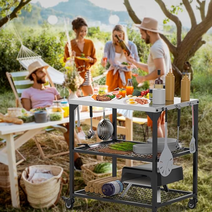 LS'BABQ Pizza Oven Table Cart for Ooni, Ninja Woodfire, Blackstone Grill Stand, Outdoor Grill Cart with Wheels, Stainless Steel Rolling Trolley Kitchen Cooking Food Prep and Work Cart Table with Cover