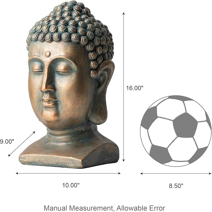 Glitzhome MGO Faux Bronze Buddha Head Garden Statue Indoor and Outdoor Sculpture Decoration, 16" H