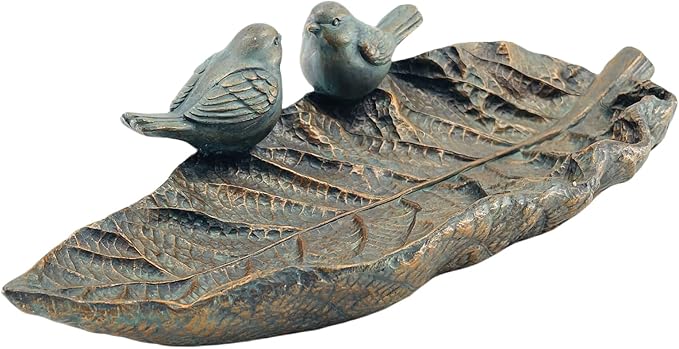 Outdoor Garden Bird Bath Sculpture, Polyresin on Leaf Bird Feeder, Garden Patio Deck Ground Gifts for The Family