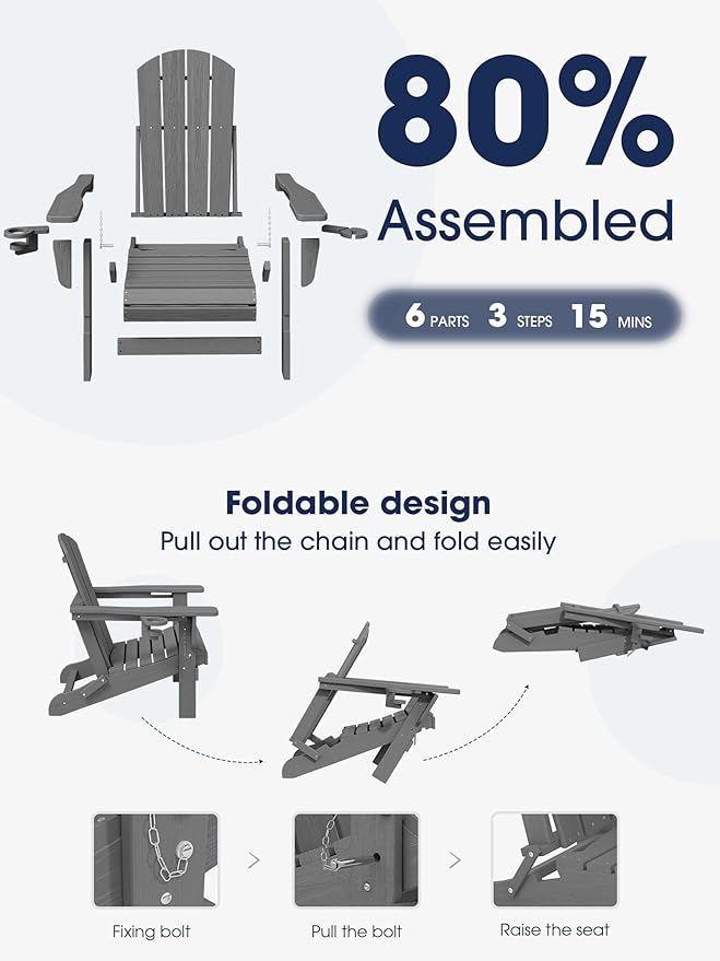 KINGYES Folding Adirondack Chair Set of 2, Dual Cup Holders & All-Weather HDPE, Wood-Like Patio Chair for Backyard, Camping, Pool & Fire Pit, Grey