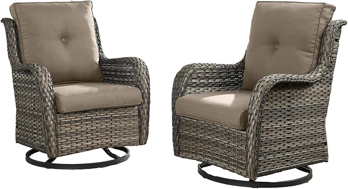 HUMMUH Outdoor Swivel Rocker Wicker Patio Chairs Set of 2, Rattan Rocking Chair Furniture Set (Grey,Grey)