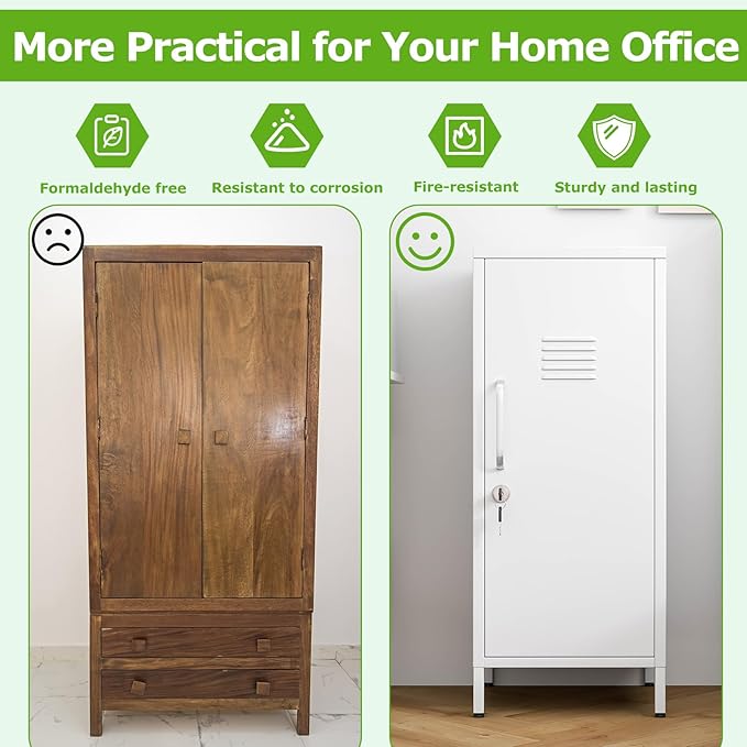 35" Metal Storage Locker, Lockable Employees Metal Locker with Door and Adjustable Shelves, Steel Locker for Home, School, Office, Gym (White)