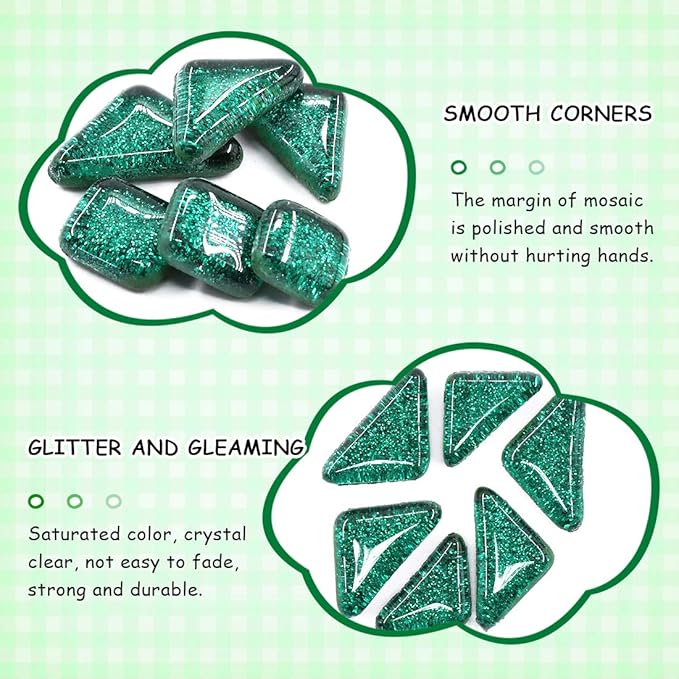 Swpeet 1 Pound Deep Green Shine Crystal Series Mosaic Tiles Assortment Kit, Square and Triangle Genuine Mosaic Tiles Glitter Crystal Mosaic Perfect for Home Decoration Crafts