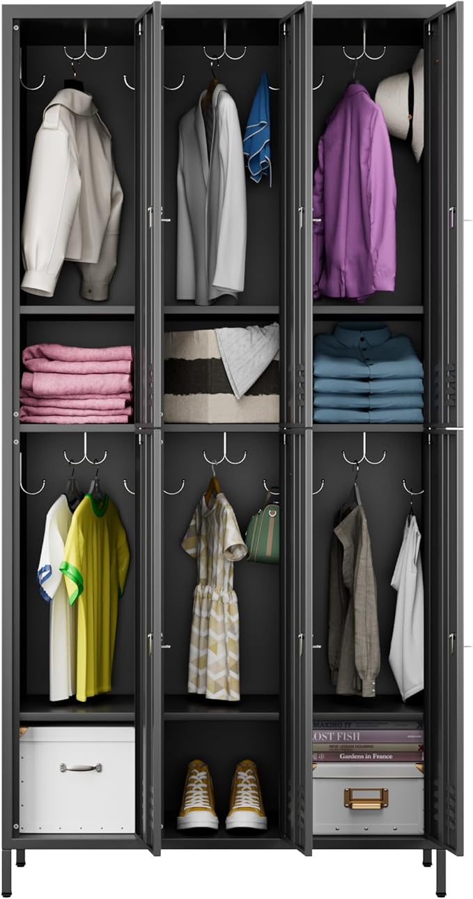 6 Doors Metal Lockers for Employees with 6 Shelves and 18 Hooks, Storage Locker with Business Card Holder for Office Gym School Bedroom, Assembly Required, Dark Gray