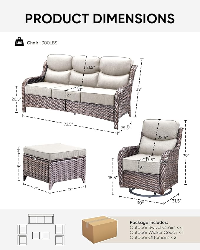 HUMMUH Wicker Patio Furniture Set 6 Inch Thick Cushion Outdoor Swivel Rocker Patio Chairs with Deep Seat Sofa 5PCS Outdoor Furniture Set for Porch Garden Deck