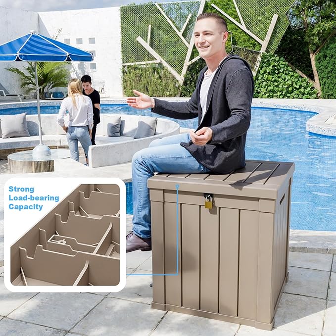 50 Gallon Resin Deck Box, Lockable Outdoor Storage Box for Patio Cushions Storage Furniture,Garden Tools, Pool Supplies, Weatherproof and UV Resistant (Grey)