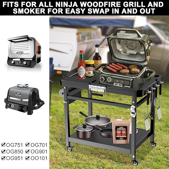 LS'BABQ Grill Stand for Ninja Woodfire Outdoor Grill and Smoker Pizza Oven Accessories,Foldable Grill Cart Table for Ninja XSKUNSTAND OG700 OG800 OG900 OO101 Series with Wheels,Black, GTFN117