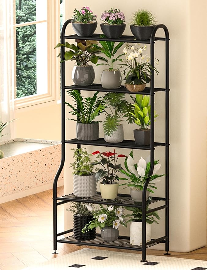5-Tier Metal Plant Stand Indoor Outdoor, Waterproof Flower Stand for Multiple Pots, Heavy Duty Plant Stands for Living Room Patio Garden Decor, Tall Plant Shelf with Leveling Feet, Black