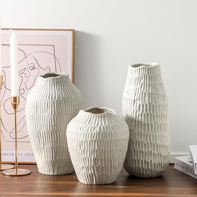 12.6 Inch Grey Modern Handmade Ceramic Vase, Rustic Farmhouse Decorative Flower Vases for Home Decor,Pampas Grass Bouquet, Living Room,Kitchen,Office,Bedroom,Centerpiece Table