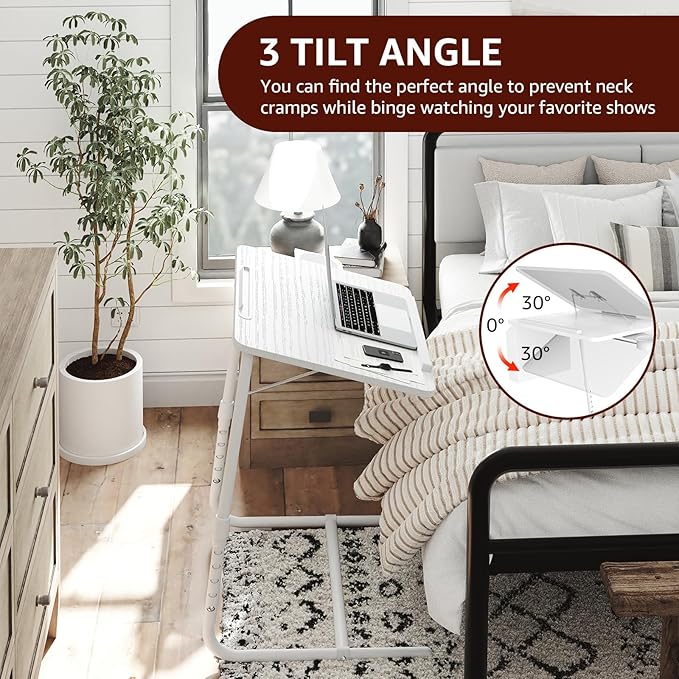 TV Trays Set of 4 - Folding TV Tray Adjustable Dinner Trays for Eating On Couch Wooden Tables Mate Stand Foldable White Desk with Cup Holder Portable