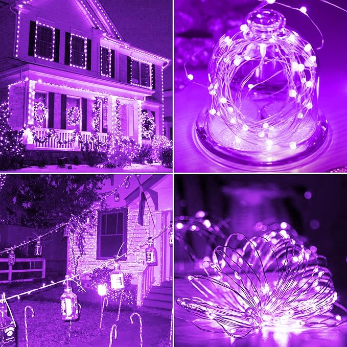 String Lights, 2 Pack Battery Operated String Lights with Remote Timer Waterproof 8 Modes String Lights for Bedroom,Garden,Party,Xmas Tree Indoor Outdoor Decorations (Purple, 16.4)