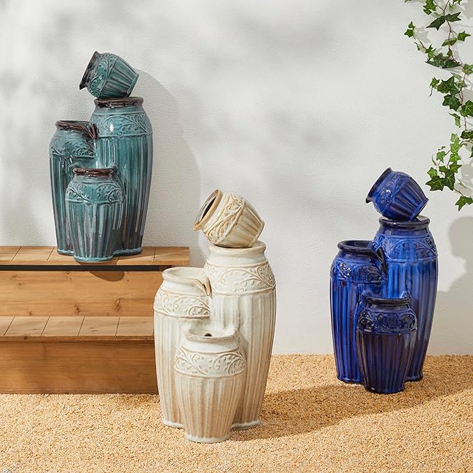 Glitzhome 27.25" H Outdoor Garden Water Fountain with LED Lights and Pump, 4 Tier Cobalt Blue Embossed Pattern Ceramic Pots Cascading Floor Standing Fountain for Porch Deck Patio Backyard Decoration