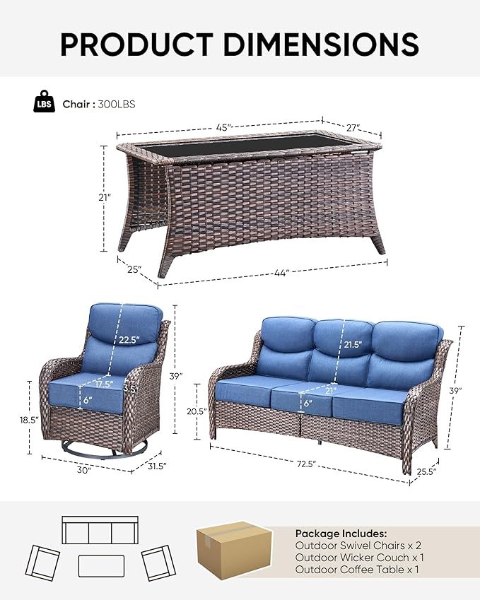 HUMMUH 6 inch Thick Cushion Wicker Patio Furniture Set with Outdoor Swivel Rocker Patio Chairs,High Back Outdoor Couch and Coffee Table for Porch Garden Deck