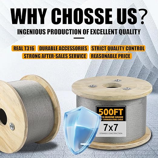 100F 1/8" Stainless Steel Cable,Wire Rope with Cutter 7x7 Strands,1800 lb Breaking Strength, T316 Aircraft Cable for Deck Railing, Stair, Fence, Silver