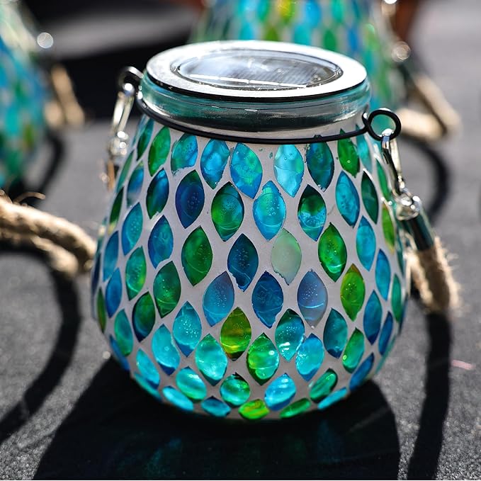 Cooo 4 Pack Mosaic Solar Lantern Outdoor Waterproof IP68 Hanging Projection Light Hidden Lid Pear-Shaped Lantern with Rope Handle Solar Powered Auto On for Patio Garden Fence Table - Azure Lattice