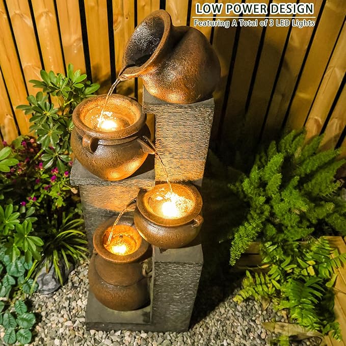 53" H Large Outdoor Water Fountain with Lights - 4 Tiered Cascading Bowls Waterfall Fountain for Garden, Patio, Backyard, Porch Inside - Freestanding Outdoor Water Feature Gold