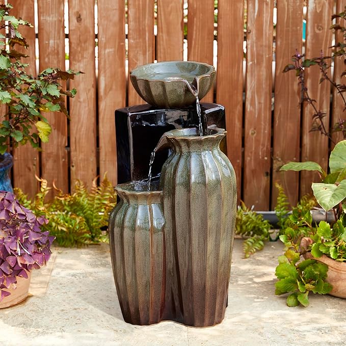 Glitzhome 26.75" H Ceramic Outdoor Water Fountain with LED Lights and Pump, Two Tone Olive Green and Brown Reactive Fluted Texture Cascading Waterfall Floor Standing Fountain for Porch Garden Patio