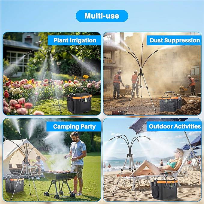 Portable Misting System with Standing, 6000mAh Water Cooling Misters Set for Outside Patio - 20L Bucket, 4.9FT(59IN) Adjustable Height for Outdoor, Beach, Pool, Water Playing, Sprinkler, Camping