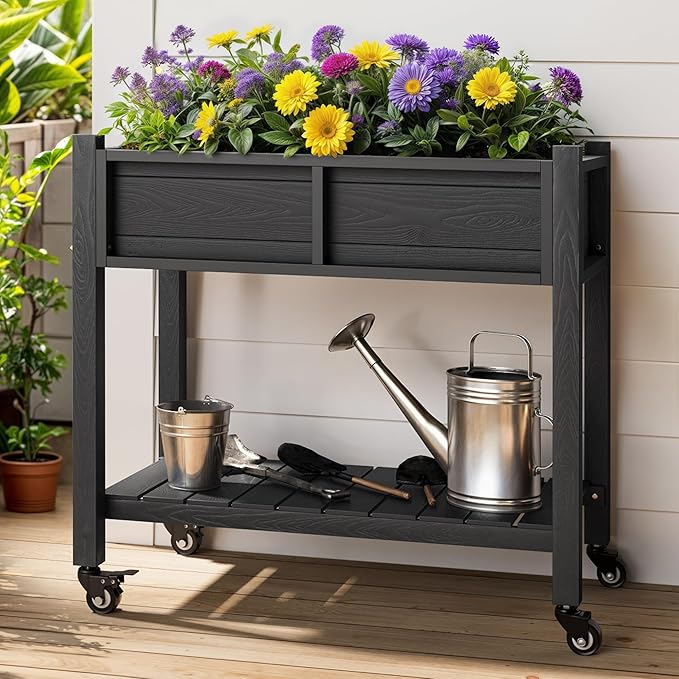 YITAHOME Raised Garden Bed, HIPS Poly Wood Elevated Planter Box with Shelf & Wheels for Mobility, Small Flower Box Stand for Patio Balcony Garden Backyard, Black