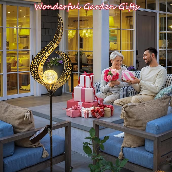 HOMEIMPRO Outdoor Garden Solar Lights Stake,Crackle Glass Globe,Metal Flower Waterproof LED Fairy Lights for Pathway,Lawn,Patio or Courtyard,Gardening Gift (Bronze)