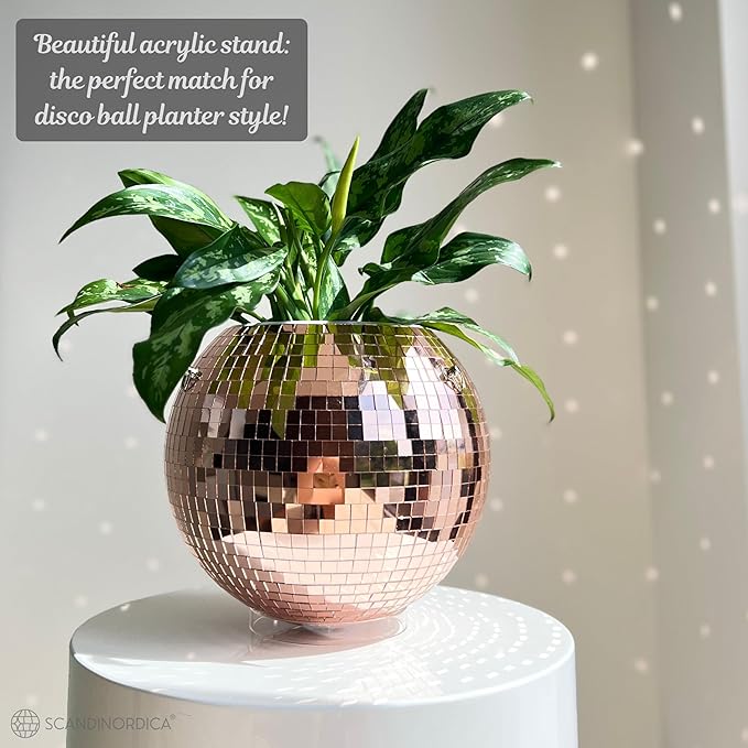 SCANDINORDICA Disco Ball Planter – Value Package: Mirror Disco Planter with Chain, Macrame Hanger and Acrylic Stand for Desk, Self Watering Insert, Plant Lover Gifts | 10 inch Rose Gold