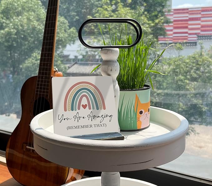 Primitive Wooden Sign, You are Amazing Remember That, Desk Plaque with Wooden Stand 4 x 4.3 inches, Rustic Home Decor, Farmhouse Sign, Inspirational Quotes Gifts for Friend Family, Cheer Up Gift A