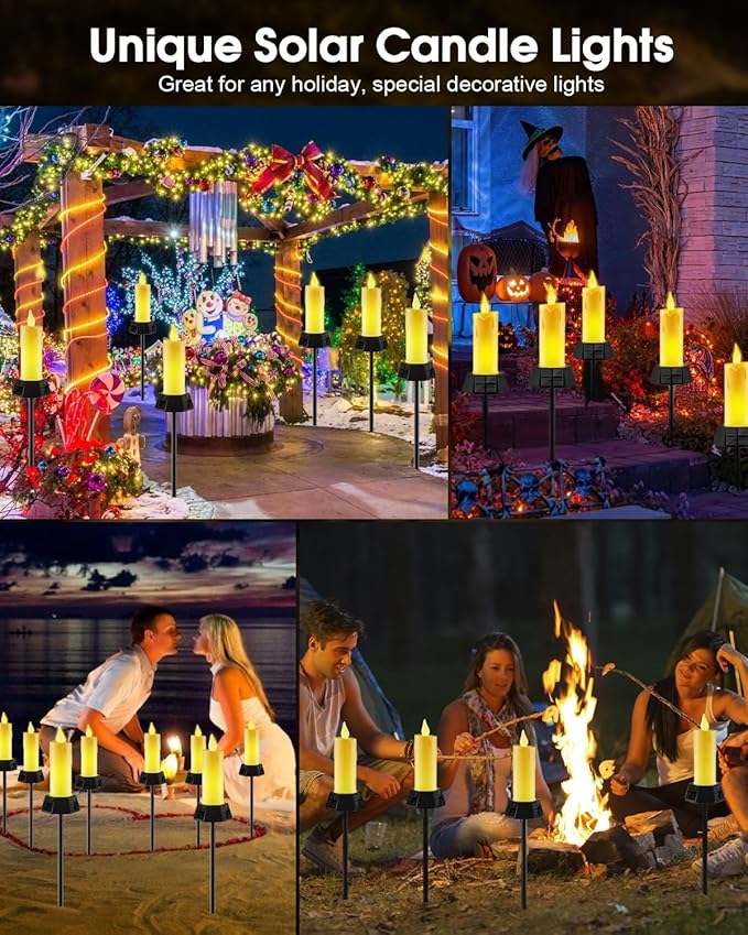 Solar Lights Outdoor Waterproof, Electric LED Flameless Candles with 3 Solar Panels, Solar Pathway Lights for Garden Yard Home Outdoor Party Camping Decorations, 4 Pack