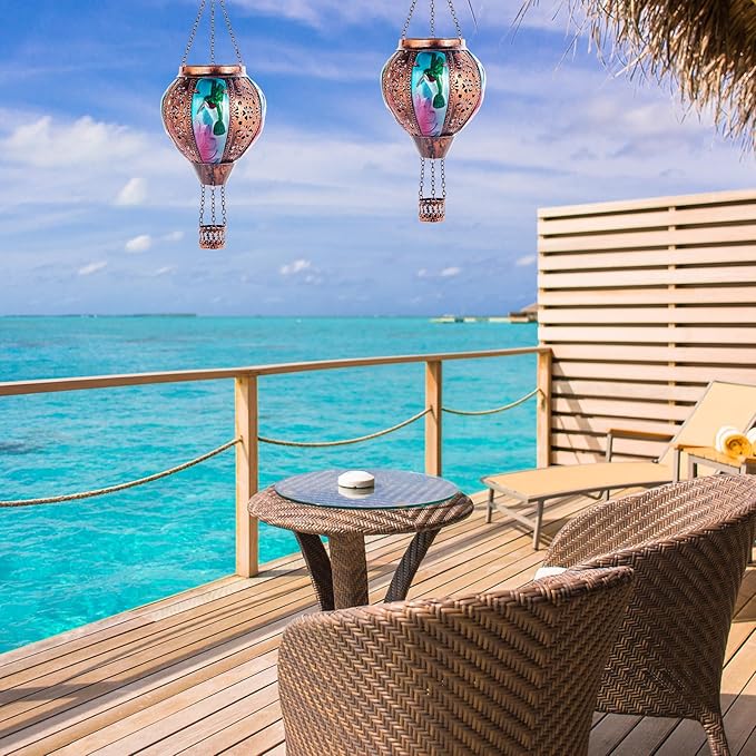 Hot Air Balloon Solar Lantern Hummingbird Lights, Flickering Flame Solar Hanging Lights for Outside,Waterproof for Garden Yard Patio Porch Decoration(Hummingbird)