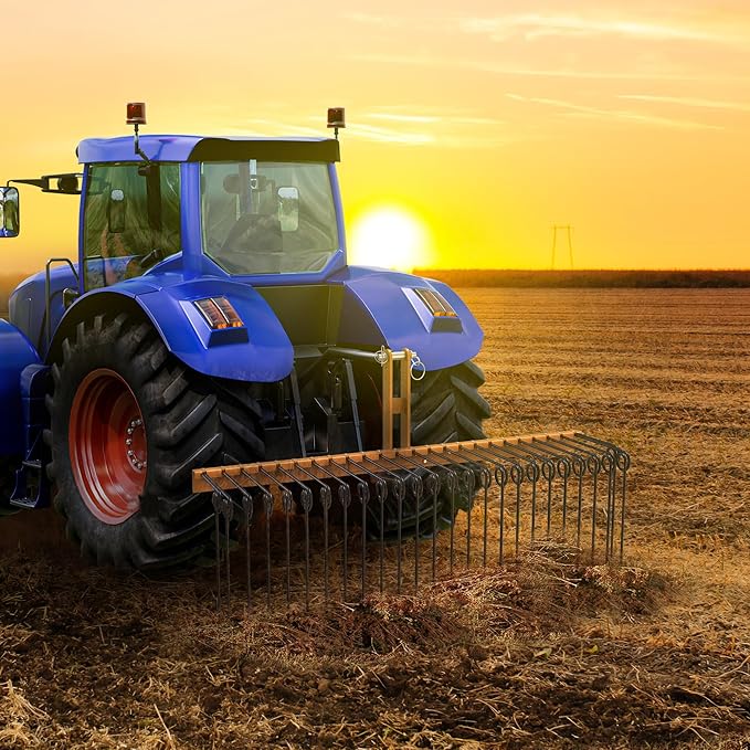 YITAMOTOR 60" Durable Powder Coated Steel Pine Straw Rake Steel Spring Landscape Rake Attaches to Cat-0 Cat-1,3 Point Hitch for Tractor, Yellow