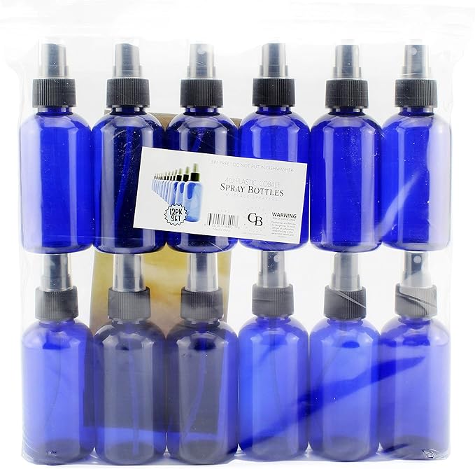 Cornucopia 4oz Blue PLASTIC Fine Mist Spray Bottles (12-Pack); BPA-Free Plastic Spritzer Bottles, Labels Included; PET #1 Plastic Bottles