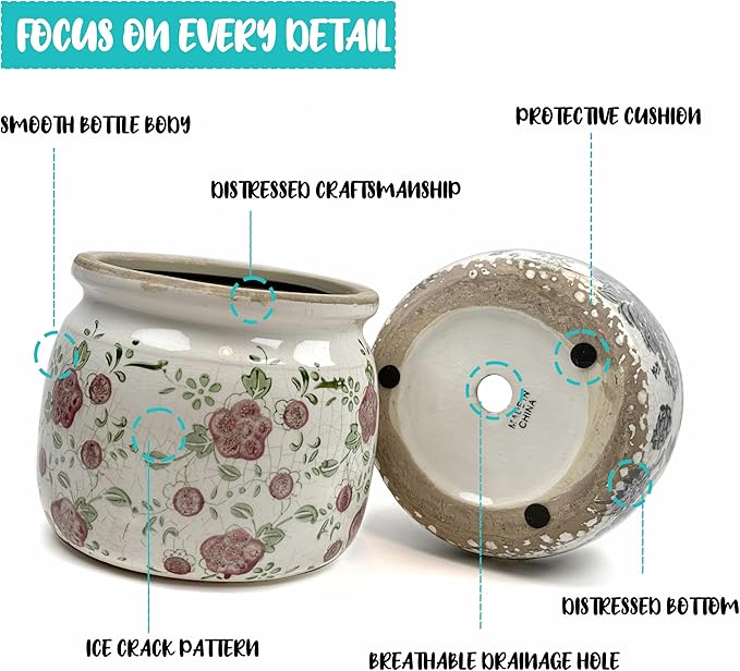 Vintage Ceramic Ice Crack Flower Pot with Drainage Holes, Country Rustic Planters for Indoor and Outdoor,Tuscan Decor,Home,Living Room, Garden Decor, Gardening Gift (Retro)