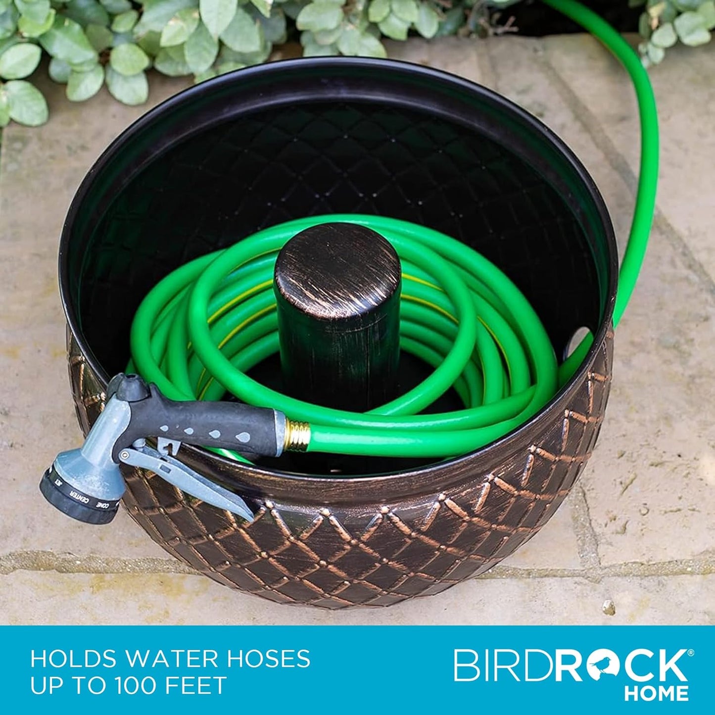 BIRDROCK HOME Water Hose Holder - Decorative Metal Pot, Indoor or Outdoor, Garden Storage Organizer, Patio Portable Bucket - Embossed Steel w/ Copper Accents, Holds up to 100ft Hoses, Medium No Lid