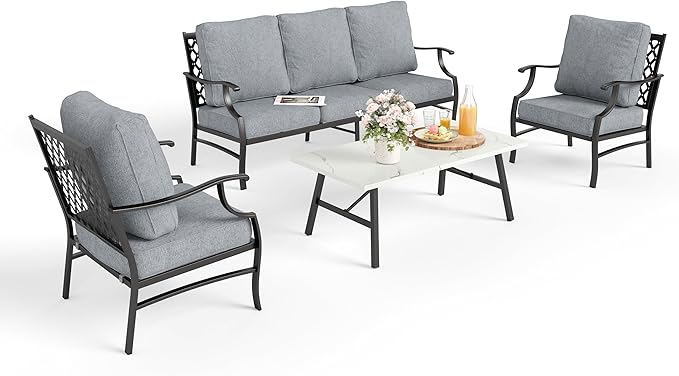 Patio Furniture Set 4 pcs, Metal Outdoor Patio Furniture, 3-Seat Sofa, 2 Single Chairs, Metal Coffee Table and 5.75" Extra Thick Cushion, Patio Conversation Set for Garden Backyard Deck,Grey