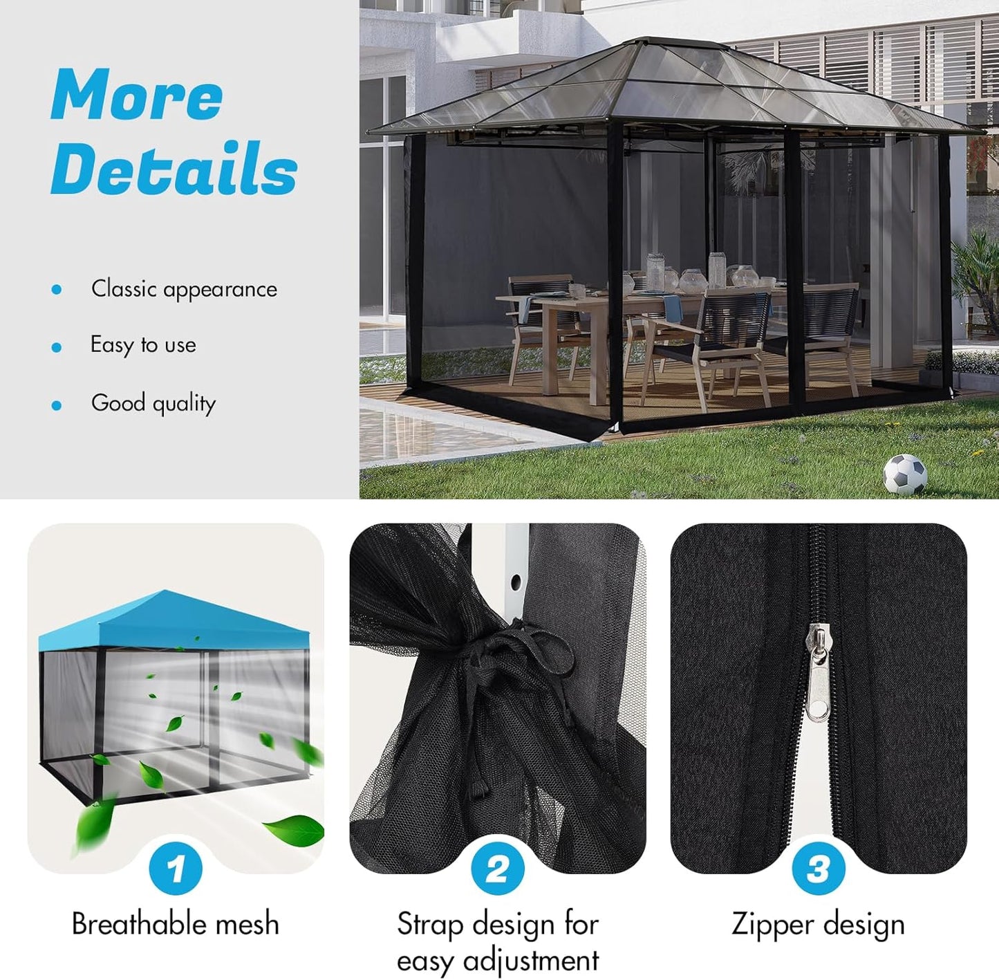 10'x10' Mosquito Netting for Patio with Zipper, Outdoor Replacement Mesh Sidewall Netting for Porch/Patio/Canopy/Gazebo (Mosquito Netting Only, Black)