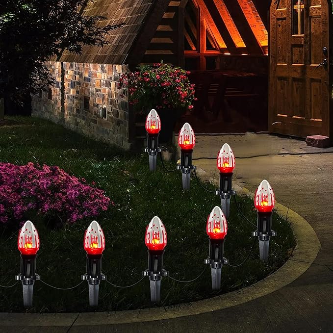 38Ft Outdoor Halloween Decorations Pathway Lights, C9 Flickering Flame Pathway String Lights with 25 Stakes Lights, Plug in Halloween Walkway Light Waterproof for Lawn Yard Sidewalk Garden