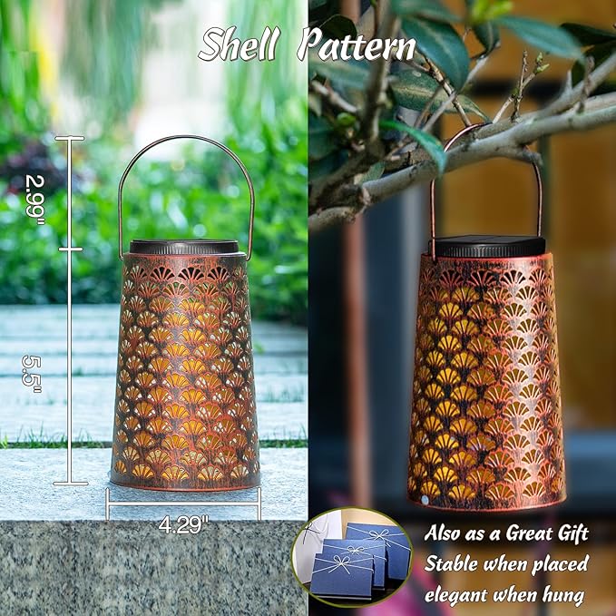 Shell Solar Lanterns Outdoor Waterproof Hanging Solar Lights ,Warm and Cool Light for Garden Porch Path Deck and Balcony Decoration, LED Lanterns as Gifts for Women and Children