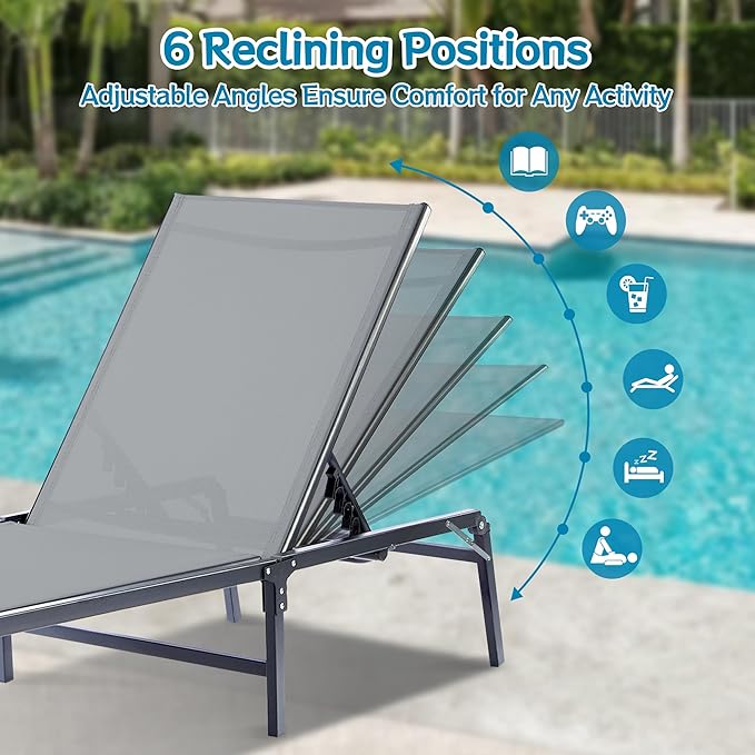 Outdoor Chaise Lounge Chair, Foldable & Assemble-Free, 6 Adjustable Positions, Durable Rust-Resistant Frame, Portable Outdoor Pool Lounge Chairs for Pool Patio Beach, Grey