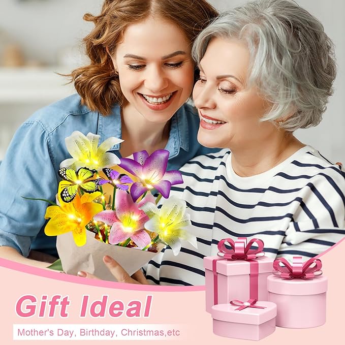 Solar Garden Lights Outdoor, 4 Pack Flower Lights for Outside, 16 Solar Lilies with Butterflies, Waterproof Garden Decor for Yard, Patio, Gifts for Women Mom (4 pcs Lilies)