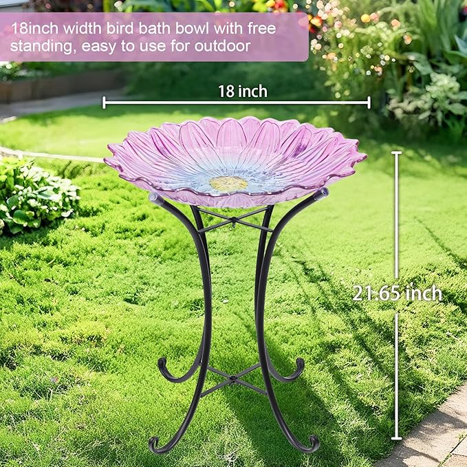 MUMTOP Outdoor Glass Birdbath with Metal Stand for Outside Yard Garden Decor, 18 inch Diameter Pink Bird Baths Bowl for Outdoors, 21 inch Height