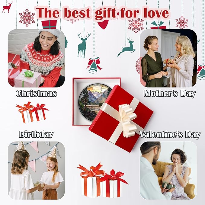 Stained Glass Window Hanging, Sunset Mountains Lake Tree Sun Catcher for Window Home Decor Landscape Suncatcher Mother's Day Birthday Gifts for Women Men Mom and Nana 11.8 in