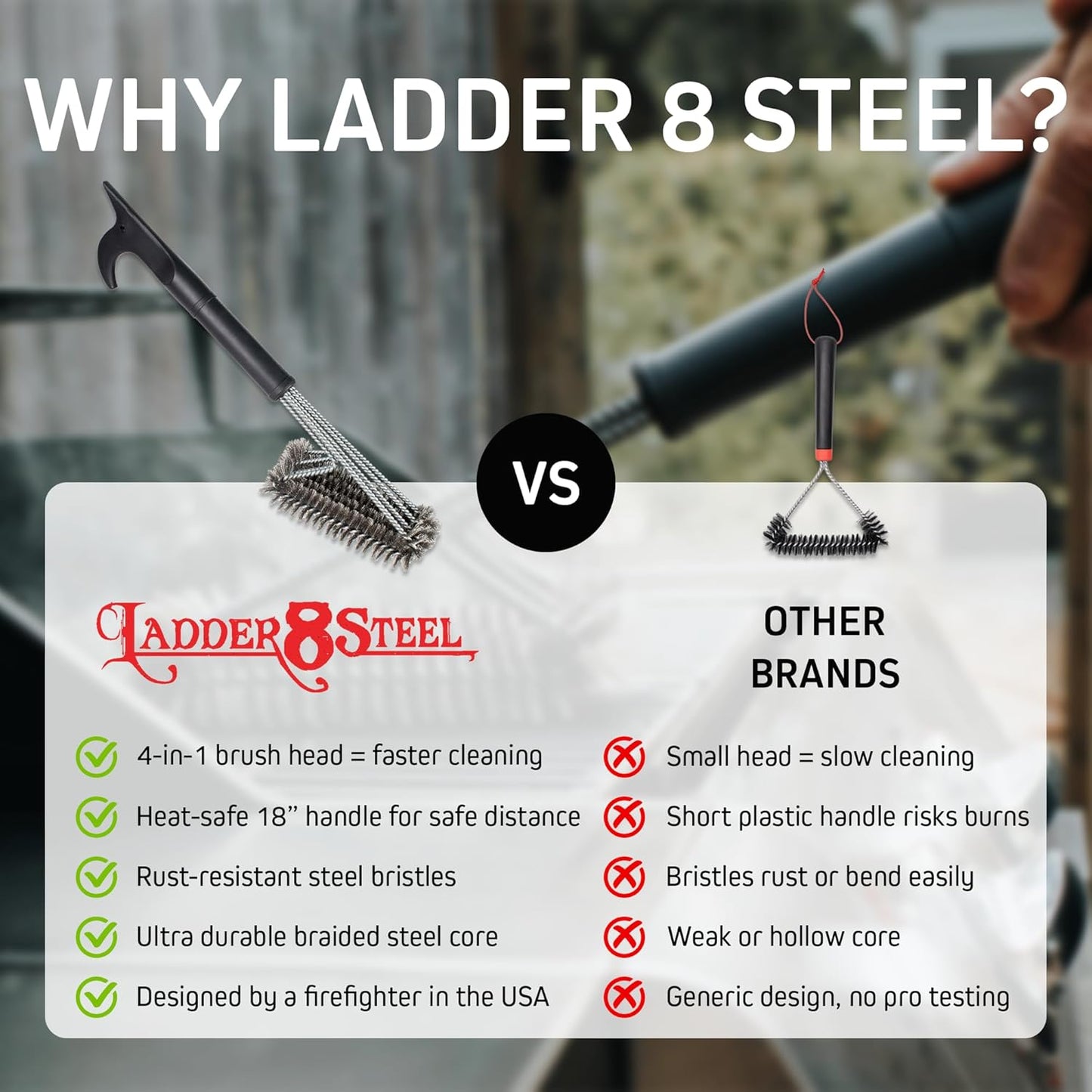 Heavy Duty Grill Brush for Outdoor Grill – Safe Grill Brush Designed by Firefighter | Barbecue Grill Brush & BBQ Brushes for Grill Cleaner | Durable & Safe for All Grates