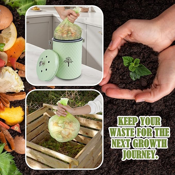 AOSION Countertop Compost Bin Kitchen,Odorless Indoor Compost Bin with Lid and Compost Bags,Compost Bucket Composter Container for Food Waste,Green