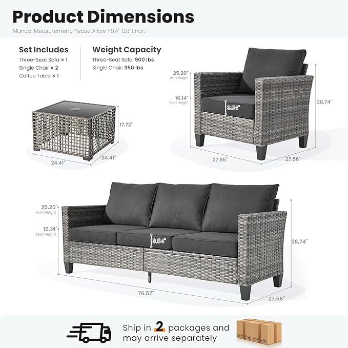 ovios 4 Pieces Patio Furniture Set Outdoor Sofa Couch with Solar Lights Table Comfy Cushions, Modern Deep Seat Wicker Rattan Conversation Set for Porch Deck, Black