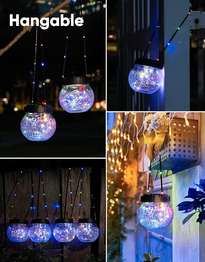 PARTPHONER Solar Lantern Solar Lights Outdoor Waterproof 6-Pack, Solar Powered Hanging Lights Cracked Glass Hanging Globes for Christmas Decoration, Shepherd Hook, Garden Tree Ornaments, Multi-Color