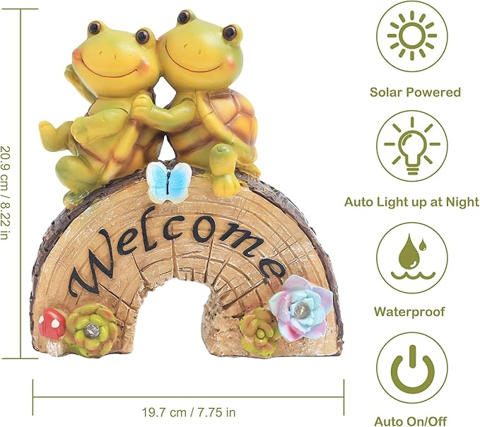 Attivolife Garden Statue Turtle Welcome Decor, Outdoor Solar Light Cute Succulent Frog Face Figurines LED, Patio Lawn Porch Yard Balcony Decor, Unique Housewarming Birthday Gift for Mom Women
