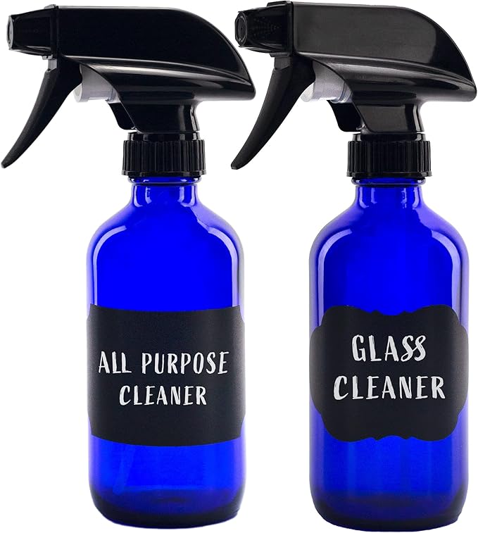 Cornucopia Brands 8-Ounce Cobalt Blue Glass Boston Round Spray Bottles (2 Pack) 3-Setting Heavy Duty Sprayers, Empty Refillable Bottle