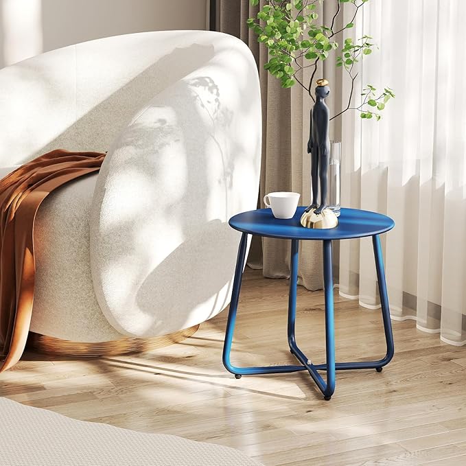 HollyHOME Round Metal Side Table, Rust-Resistant Patio Small Plant Stand, Outdoor 17.32'' Portable End Table for Balconies, Gardens, Living Rooms and Bedrooms, Navy Blue