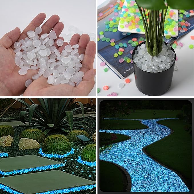 Glow in The Dark Rocks Outdoor Decorative Stones, 1000 PCS White Glows Blue Small Luminous Pebbles for Garden Walkway Fish Tank Aquarium Planter Vase Filler