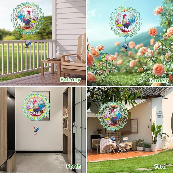 Wind Spinners Outdoor, FACIACC Rooster Metal 3D Hanging Garden Decor, 12-inch Stainless Steel Wind Spinner with Tail Spinner, Wind Sculptures for Indoor Patio Lawn Yard, Ornament Gift for Women/Men